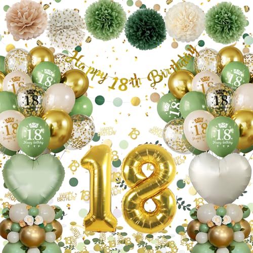 18 Geburtstag Deko,Geburtstagsdeko 18 Männer Frauen,Deko 18. Geburtstag Mädchen Junge, 18. Geburtstag Avocado Grüne Gold Luftballons mit Happy Birthday Banner Pompons für 18 Geburtstag Dekorationen von Almaxi