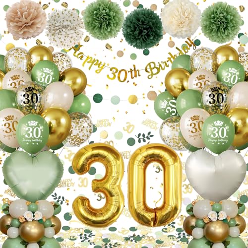 30 Geburtstag Deko,Geburtstagsdeko 30 Männer Frauen,Deko 30 Geburtstag Frau Mann, 30. Geburtstag Frauen Avocado Grüne Gold Luftballons mit Happy Birthday Banner Pompons für 30 Geburtstag Dekorationen von Almaxi