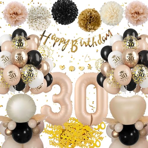 30 Geburtstag Deko,Geburtstagsdeko 30 Männer Frauen,Deko 30 Geburtstag Frau Mann, 30. Geburtstag Frauen Schwarz Gold Beige Luftballons mit Happy Birthday Banner Pompons für 30 Geburtstag Dekorationen von Almaxi