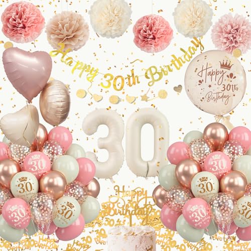 30 Geburtstag Deko Frauen, 52PCS Luftballon Deko 30. Geburtstag Retro Rosa Set mit Luftballons 30, Happy Birthday Banner, Konfetti Geburtstagsdeko Ballons für 30. Deko Geburtstag Frauen von Almaxi