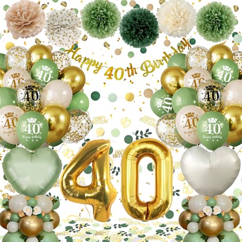 40 Geburtstag Deko,Geburtstagsdeko 40 Männer Frauen,Deko 40 Geburtstag Frau Mann, 40. Geburtstag Frauen Avocado Grüne Gold Luftballons mit Happy Birthday Banner Pompons für 40 Geburtstag Dekorationen von Almaxi