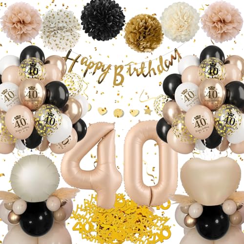 40 Geburtstag Deko,Geburtstagsdeko 40 Männer Frauen,Deko 40 Geburtstag Frau Mann, 40. Geburtstag Frauen Schwarz Gold Beige Luftballons mit Happy Birthday Banner Pompons für 40 Geburtstag Dekorationen von Almaxi