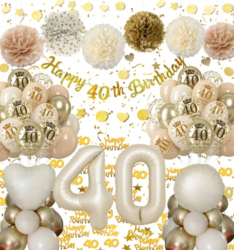 40 Geburtstag Deko Frauen, Deko 40. Geburtstag Beige Gold Geburtstagsdeko 40 Set mit Luftballon 40, Happy Birthday Banner, Seidenpapier Pompons Party Ballons für 40. Deko Geburtstag von Almaxi