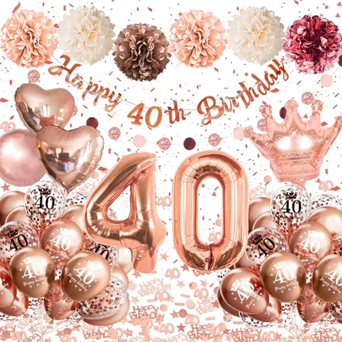 40 Geburtstag Frau, 40 Geburtstagsdeko Frauen Rosegold, Luftballon 40. Geburtstag, 40 Geburtstag Deko Frauen Rose Gold Luftballons mit Happy Birthday Banner Pompons für Deko 40 Geburtstag Frau von Almaxi