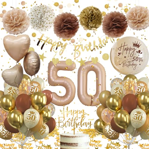 50 Geburtstag Deko,Geburtstagsdeko 50 Männer Frauen,Deko 50 Geburtstag Frau Mann, 50. Geburtstag Frauen Braun Beige Gold Luftballons mit Happy Birthday Banner Pompons für 50 Geburtstag Dekorationen von Almaxi