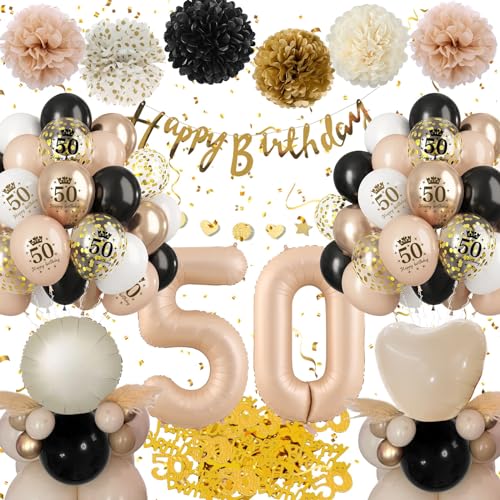 50 Geburtstag Deko,Geburtstagsdeko 50 Männer Frauen,Deko 50 Geburtstag Frau Mann, 50. Geburtstag Frauen Schwarz Gold Beige Luftballons mit Happy Birthday Banner Pompons für 50 Geburtstag Dekorationen von Almaxi