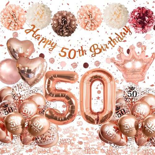 50 Geburtstag Frau, 50 Geburtstagsdeko Frauen Rosegold, Luftballon 50. Geburtstag, 50 Geburtstag Deko Frauen Rose Gold Luftballons mit Happy Birthday Banner Pompons für Deko 50 Geburtstag Frau von Almaxi