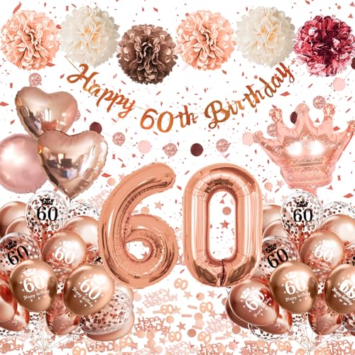 60 Geburtstag Frau, 60 Geburtstagsdeko Frauen Roségold, Deko 60 Geburtstag Frau, 60. Geburtstag Deko Frauen Rose Gold Luftballons mit Happy Birthday Banner Pompons Deko zum 60 Geburtstag Frau von Almaxi