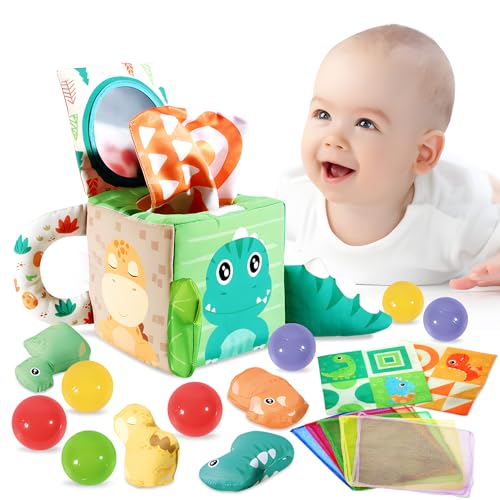 Almaxi Baby Spielzeug 6 Monate,Montessori Spielzeug 6-12 Monate,Sensorik Spielzeug Dinosaurier Tissue Box Baby,Farbiges Tuch Sensorisches,Baby Lernspielzeug,Baby Geschenk Jungen Mädchen 6 9 12 Monate von Almaxi