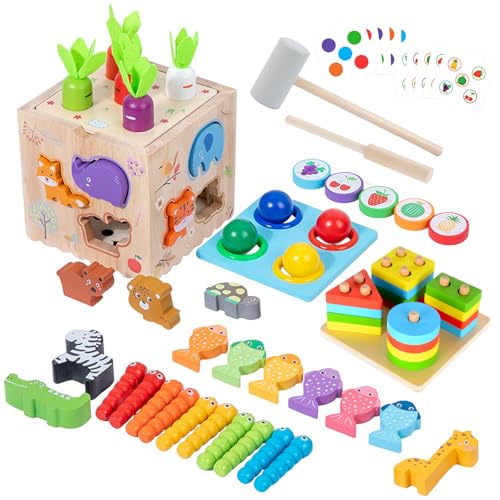 Almaxi Montessori Spielzeug ab 1 Jahr, 8 in 1 Motorikwürfel Baby Spielzeug ab 1 Jahr, 75Pcs Kinder Holzspielzeug Motorikspielzeug, Montessori Spielzeug Baby, Geschenk 1 2 3 4 Jahr Junge und Mädchen von Almaxi