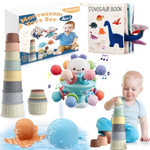 Almaxi Baby Spielzeug, 4 in 1 Montessori Spielzeug Baby, Stapelturm, Badespielzeug, Beißring, Babybuch, Babyspielzeug ab 6 Monate, Weihnachts Geschenk für Baby ab 6 9 12 Monate 1 2 3 Jahr von Almaxi