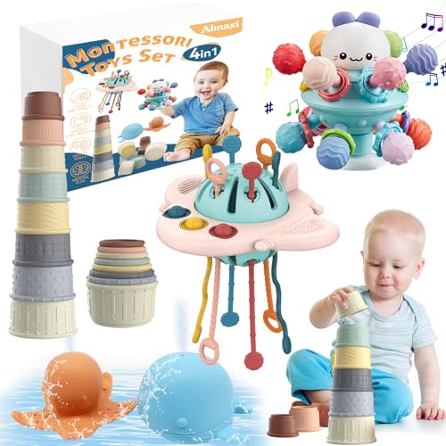 Almaxi Baby Spielzeug, 4 in 1 Montessori Spielzeug Baby, Stapelturm, Badespielzeug, Beißring, Motorikspielzeug, Babyspielzeug ab 6 Monate, Weihnachts Geschenk für Baby ab 6 9 12 Monate 1 2 3 Jahr von Almaxi