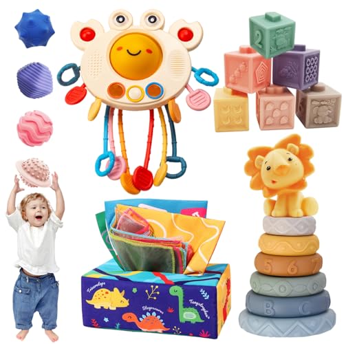 Baby Spielzeug, 5 en 1 Montessori Spielzeug ab 1 Jahr, Sensorisches Spielzeug, Motorikspielzeug, Stapelspielzeug, Beißring, Quetsch Bälle, Baby Geschenke für Mädchen Junge 6 9 12 Monate 1 2 3 Jahr von Almaxi