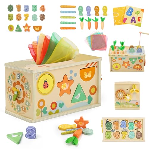 Montessori Spielzeug Baby ab 1 Jahr, 6 in 1 Tücherbox Montessori-Holzspielzeug mit Zahnrädern, Angelspiel & Formensortierer - Baby Spielzeuggeschenk Motorikspielzeug für Kleinkinder 1 2 3 Jahre Montessori Spielzeug Baby ab 1 Jahr, 6 in 1 Tücherbox Montessori-Holzspielzeug mit Zahnrädern, Angelspiel & Formensortierer - Baby Spielzeuggeschenk Motorikspielzeug für Kleinkinder 1 2 3 Jahre von Almaxi