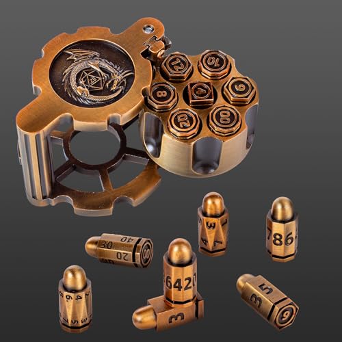 Metall Polyedrische Bullet Dice Set von 7 mit drehbarem Revolver-Zylinderbehälter – Metall-Kugelwürfel Cyberpunk-Stil Metallwürfel für Warhammer 40K, D&D Pathfinder, Krieg oder Kriminalthema von Aloftopz