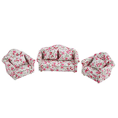 Maßstabsgetreues Puppenhaus-Zubehör, Blumenmuster, Puppen-Sofa-Set, Mini-Möbel mit Rückenkissen für Maßstabs-Puppenhaus oder Puppe (kleine Blütenbüschel) von Alomejor