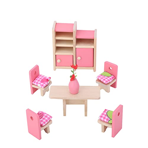 Mini Lebensechte Simulation Holzmöbel-Set 6 Zimmer mit Kissen und Handtüchern für 1:12 Puppenhaus-Zubehör (Esszimmer) von Alomejor