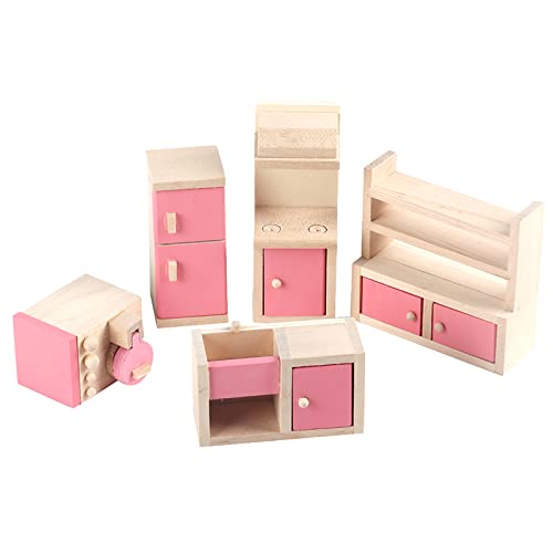 Mini Lebensechte Simulation Holzmöbel-Set 6 Zimmer mit Kissen und Handtüchern für 1:12 Puppenhaus-Zubehör (Küche) von Alomejor