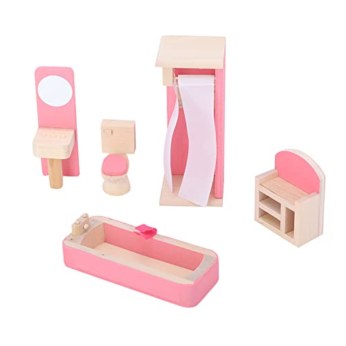 Mini Lebensechte Simulation Holzmöbel-Set 6 Zimmer mit Kissen und Handtüchern für 1:12 Puppenhaus-Zubehör (Toilette) von Alomejor