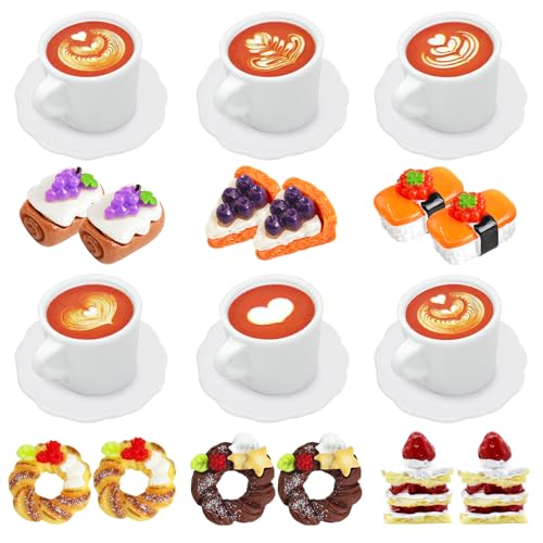 Alovez 24 Stück Mini Food, Miniatur Puppenhaus Lebensmittel Set, Wichtel Essen, Miniatur Lebensmittel Kaffeetasse Kuchen Dessert, Miniatur Zubehör für Miniküche, DIY-Mikrolandschaft, Mini-Teeparty von Alovez