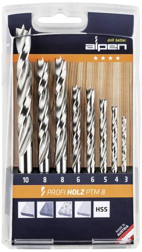 Alpen 600093100 Holz-Spiralbohrer-Set 8teilig 3 mm, 4 mm, 5 mm, 6 mm, 8 mm, 10mm Zylinderschaft 1 Se von Alpen