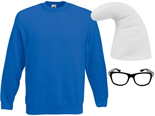 Alsino Blauer Zwerg Outfit Größe L (Kv-150) mit nerdiger Schlaubi Brille ohne Gläser | Zwergenmütze Weiß und Pullover Blau von Alsino