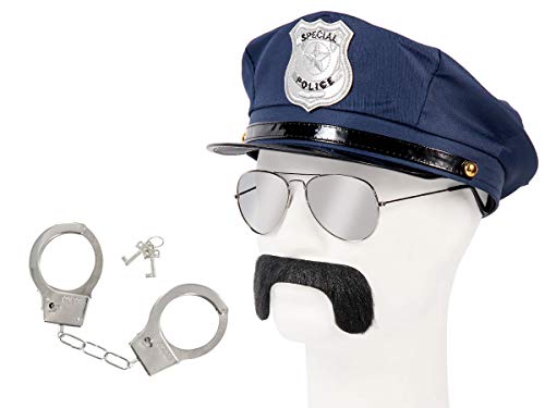 Alsino Cop Polizei Fasching Verkleidung (Kv-134) - großes Set zum Verkleiden, Handschellen Polizeimütze Sonnenbrille & Schnurrbart von Alsino