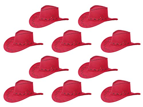 Alsino Cowboyhut Cowboy Hut 10er Set Damen Weiß Frauen Karneval Westernhut Unisex Kostümzubehör Fasching Kunstleder Kopfbedeckung (rot) von Alsino