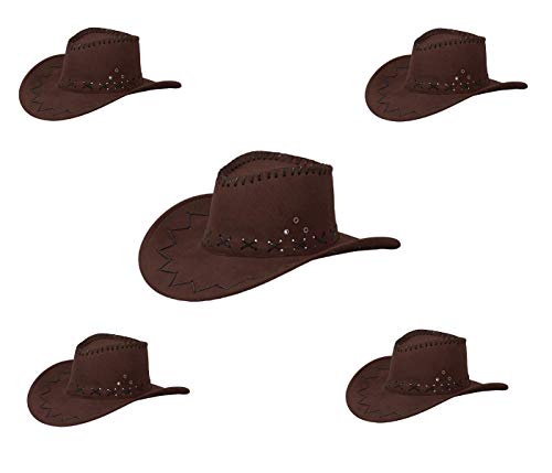 Alsino Cowboyhut Cowboy Hut 5er Set Damen Braun Frauen Karneval Westernhut Unisex Kostümzubehör Fasching Kunstleder Kopfbedeckung von Alsino