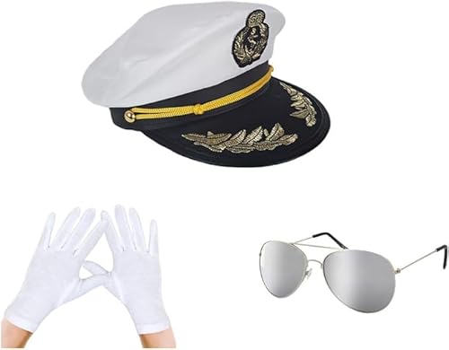 Alsino Kapitänskostüm Yacht Kapitän - Kapitänsmütze, Sonnenbrille, weiße Handschuhe - Kostüm Set 3-teilig Fasching, Karneval von Alsino