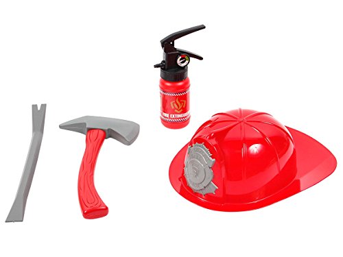 Alsino Feuerwehr Kinder Feuerwehrmann Accessoires Set 4- teilig Helm Feuerlöscher Axt Brechstange von Alsino