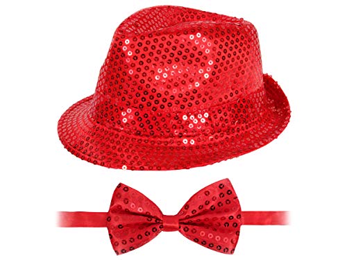 Alsino Glitzerhut mit Party Fliege Bowtie in Rot Karneval Party Set Pailletten Trilby Hut Fasching von Alsino