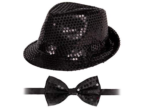 Alsino Glitzerhut mit Party Fliege in Schwarz Karneval Party Set Pailletten Partyfliege Bowtie Trilby Hut Fasching von Alsino