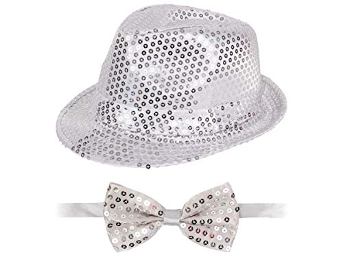 Alsino Glitzerhut mit Party Fliege in Silber Karneval Party Set Pailletten Trilby Hut Bowtie Fasching von Alsino