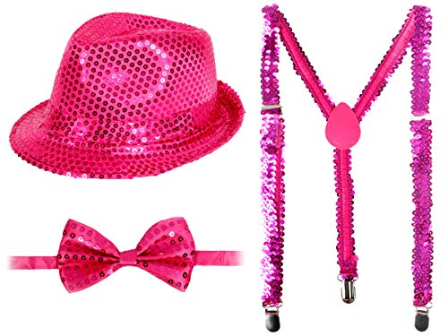 Alsino Glitzerhut mit Party Fliege & Hosenträger in Pink Karneval Party Set Pailletten Glitzerfliege Bowtie Trilby Hut von Alsino