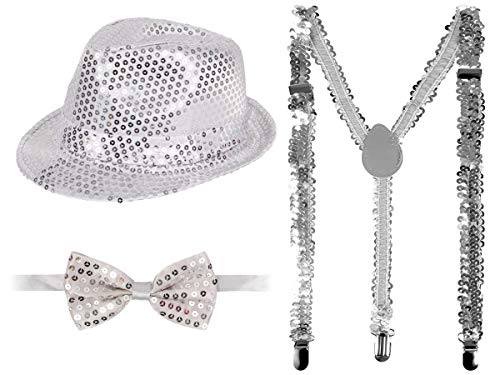 Alsino Glitzerhut mit Party Fliege & Hosenträger in Silber Karneval Party Set Pailletten Trilby Hut Bowtie Fasching von Alsino