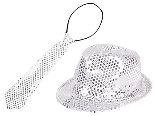 Alsino Hut Pailletten mit Glitzer Krawatte Set Silber Länge: 33 cm Damen (th-57) Kopfumfang: 58 cm Karneval Fasching Herren Glitzerhut Zylinder Disco Trilby Pailetten Fotobox von Alsino