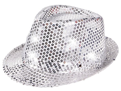 Alsino LED Clubstyle Pailettenhut, Silber - 58 cm Kopfumfang - Partyhut Trilby Pailletten Hut, Blink Fedora Bogart Glitzerhut Glitter von Alsino