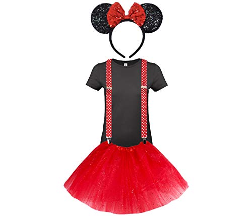 Alsino Mausohren Glitter Mouse Ohren Haarreif Glitzer Set mit Dots Punkte Hosenträger Rot & T-Shirt Schwarz Kv-252 Fasching Minnie Kostüm Cosplay Karneval Verkleidung (XL) von Alsino