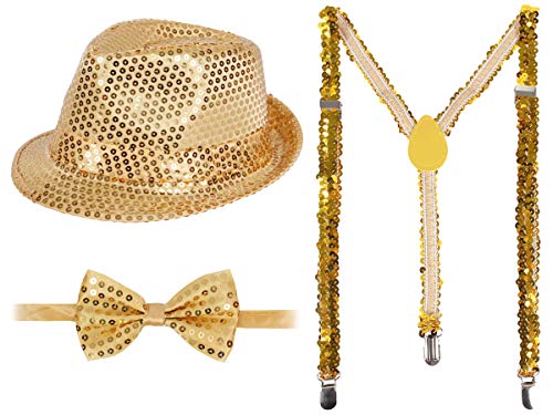 Alsino Pailletten Hut Partyhut mit Fliege und Hosenträger Set für Silvester JGA Fasching Karneval Kostüm Gold Unisex Erwachsene Einheitsgröße von Alsino