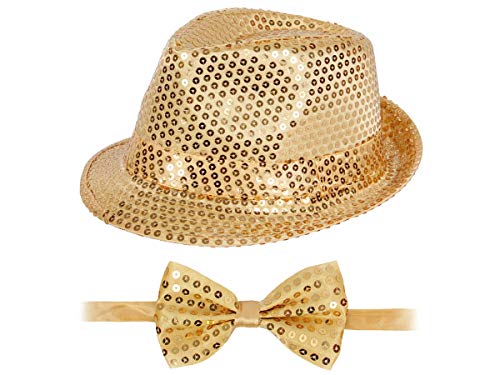 Alsino Pailletten Hut Partyhut mit Paillettenhut Fliege Set für Silvester JGA Fasching Karneval Kostüm Gold Unisex Erwachsene Einheitsgröße von Alsino