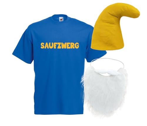 Alsino Saufzwerg Kostüm Set Bart Mütze JGA Party Bier Sauf Verkleidung - Rundhals, 100% Baumwolle - Das trinkfeste Kostüm, blau, 3XL von Alsino