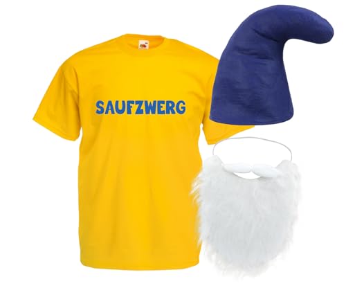 Alsino Saufzwerg Kostüm Set Bart Mütze JGA Party Bier Sauf Verkleidung - Rundhals, 100% Baumwolle - Das trinkfeste Kostüm, gelb, 3XL von Alsino