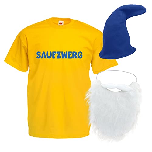 Alsino Saufzwerg Kostüm Set Bart Mütze JGA Party Bier Sauf Verkleidung - Rundhals, 100% Baumwolle - Das trinkfeste Kostüm, gelb, 3XL von Alsino