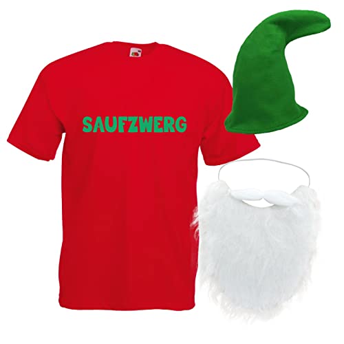 Alsino Saufzwerg Kostüm Set Bart Mütze JGA Party Bier Sauf Verkleidung - Rundhals, 100% Baumwolle - Das trinkfeste Kostüm, rot, 3XL von Alsino