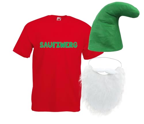 Alsino Saufzwerg Kostüm Set Bart Mütze JGA Party Bier Sauf Verkleidung - Rundhals, 100% Baumwolle - Das trinkfeste Kostüm (rot, 4XL) von Alsino