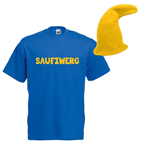 Alsino Saufzwerg Kostüm Set T-Shirt Mütze JGA Party Bier Sauf Verkleidung - Rundhals, 100% Baumwolle - Das trinkfeste Kostüm, blau, M von Alsino