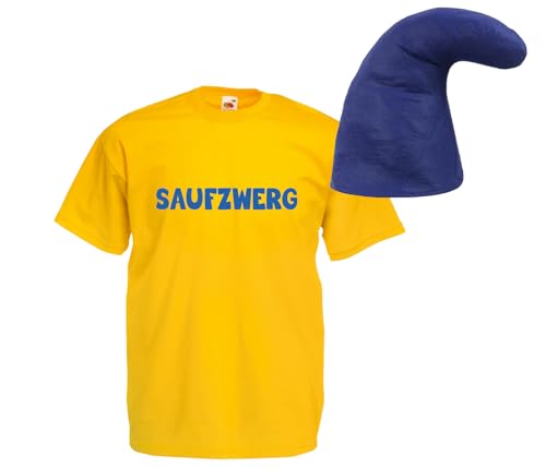 Alsino Saufzwerg Kostüm Set T-Shirt Mütze JGA Party Bier Sauf Verkleidung - Rundhals, 100% Baumwolle - Das trinkfeste Kostüm, gelb, 3XL von Alsino