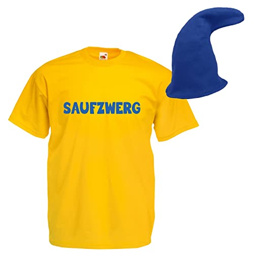 Alsino Saufzwerg Kostüm Set T-Shirt Mütze JGA Party Bier Sauf Verkleidung - Rundhals, 100% Baumwolle - Das trinkfeste Kostüm, gelb, 3XL von Alsino