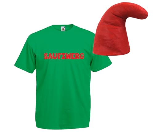 Alsino Saufzwerg Kostüm Set T-Shirt Mütze JGA Party Bier Sauf Verkleidung - Rundhals, 100% Baumwolle - Das trinkfeste Kostüm, grün, L von Alsino